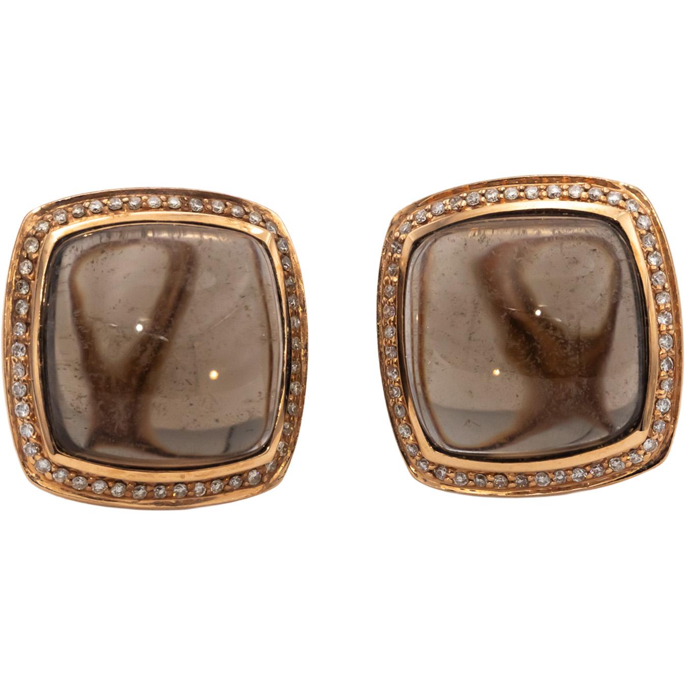 14k Rose Gold Cabochon Smokey Quartz and Round Diamond Earrings 21.33CTW