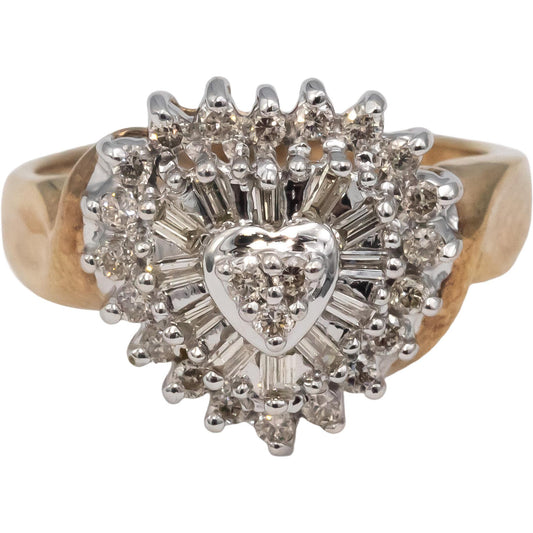 10k Yellow & White Gold Round & Baguette Cut Diamond Cocktail Ring 0.50CT Size 7
