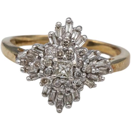 10k Yellow White Gold Round & Baguette Cut Diamond Cluster Ring 0.50CT Size 7