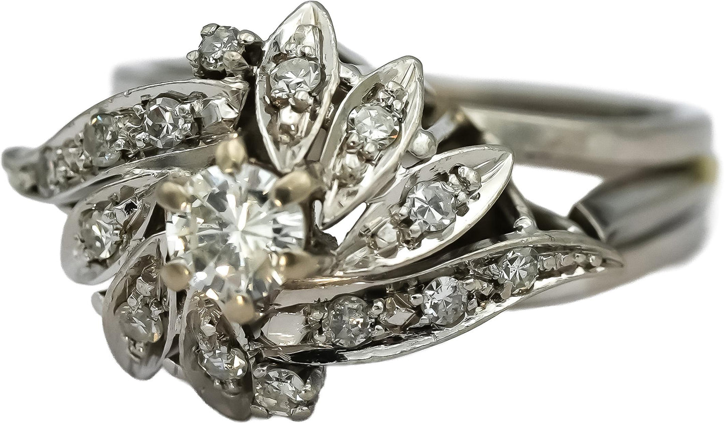 Vintage Antique 14k White Gold Diamond Cocktail Ring 0.38CT Size 5