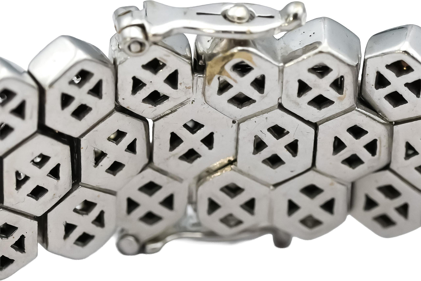 18k White Gold Round Diamond Hexagon Link Cluster 14.5mm Wide Bracelet 4.0CT