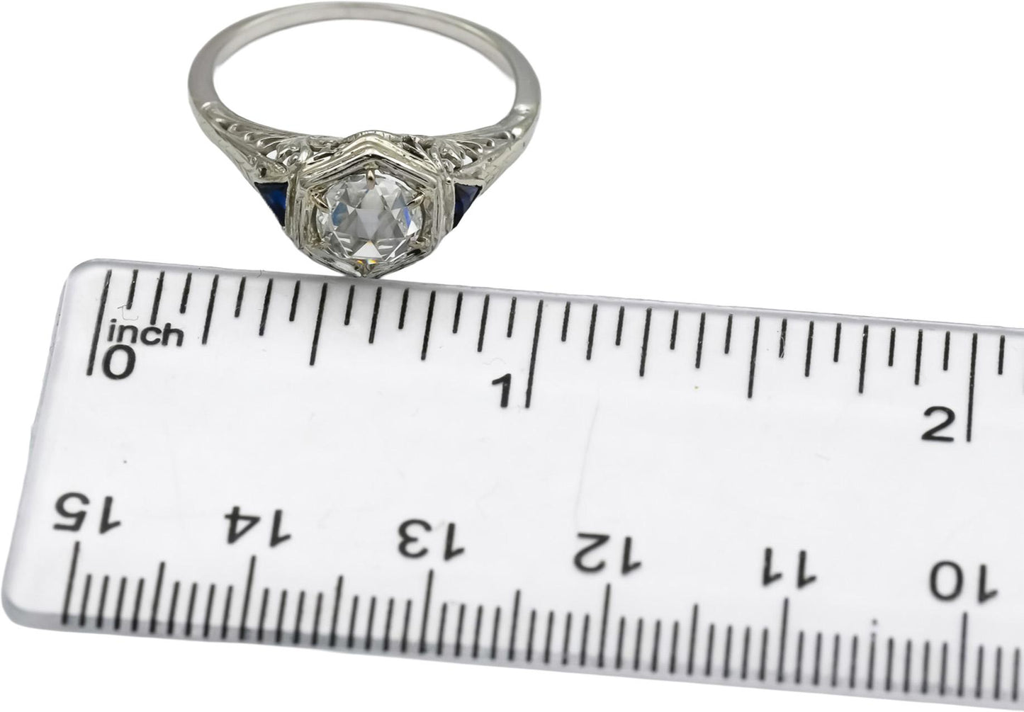 GIA Vintage Antique 18k White Gold VS1/G Diamond & Sapphire Filigree Ring .78CT