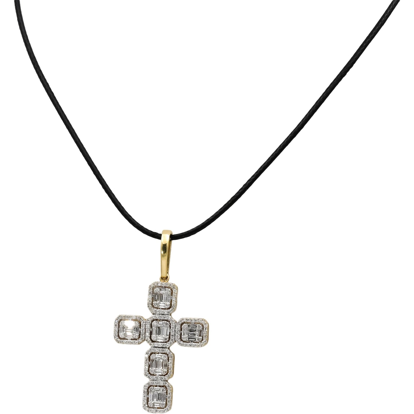 14k Yellow Gold Round and Baguette Cut Diamond Cross Crucifix Pendant 3.0CT