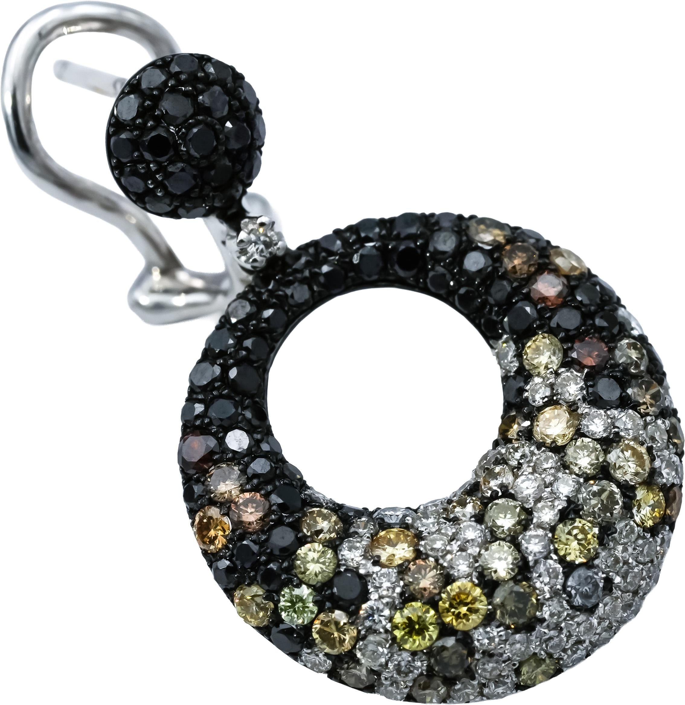 14k White Gold Round Black and Multi-Color Diamond Dangle Earrings 3.50CT