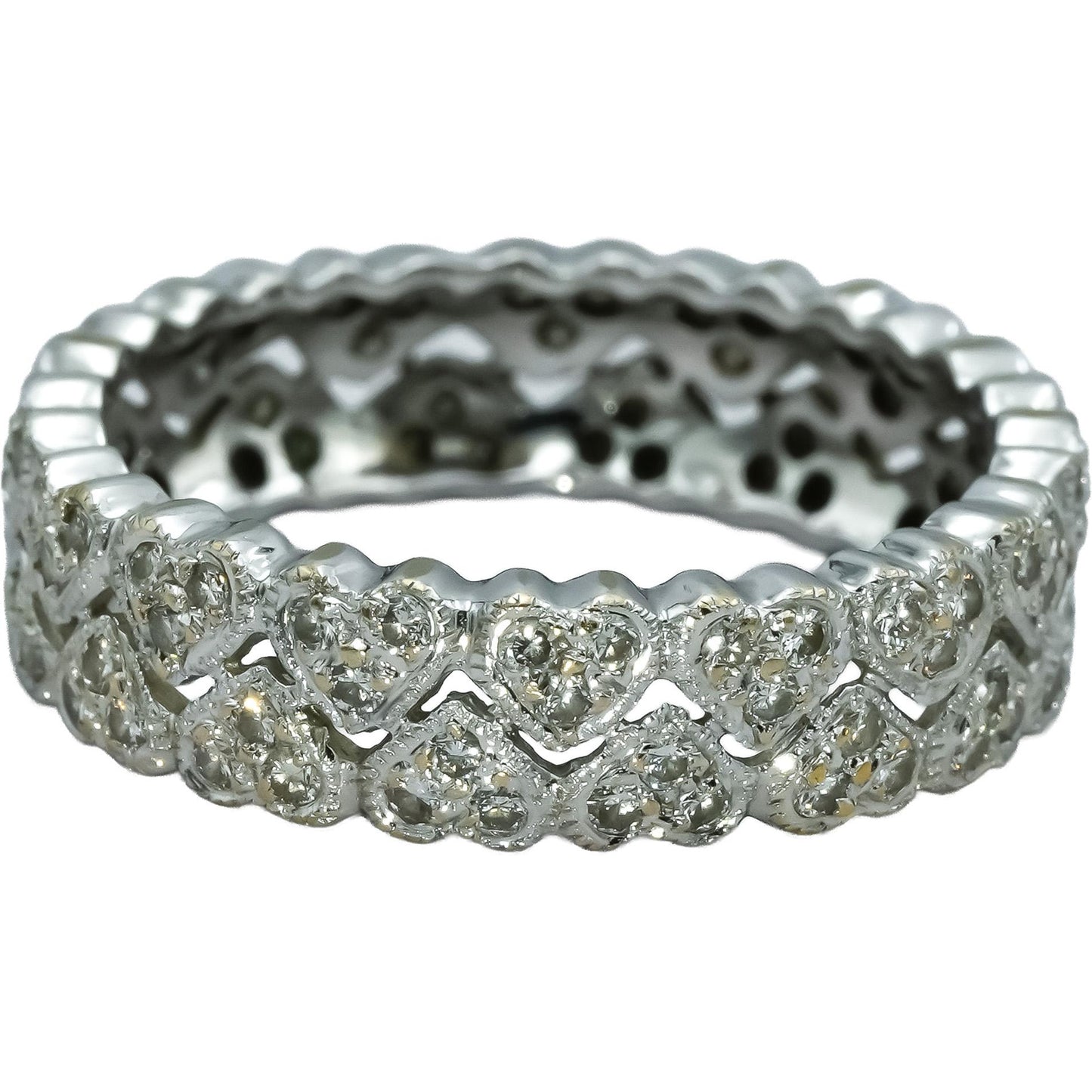 18k White Gold VS Diamond Two Row Heart Eternity Band Ring 0.50CT Size 6.75