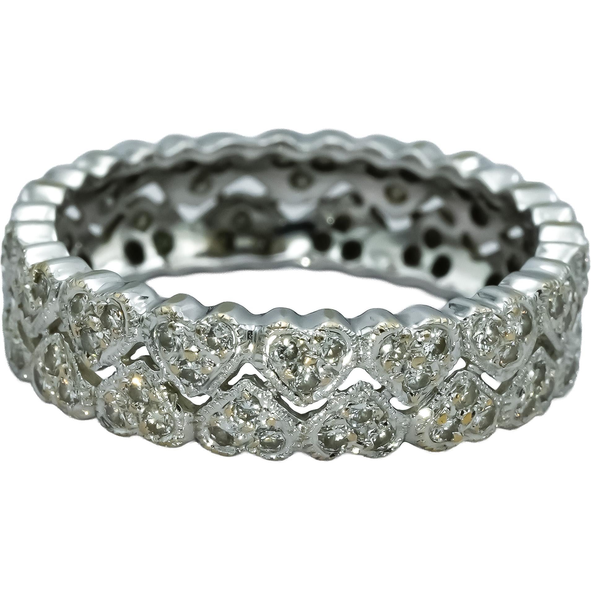 18k White Gold VS Diamond Two Row Heart Eternity Band Ring 0.50CT Size 6.75