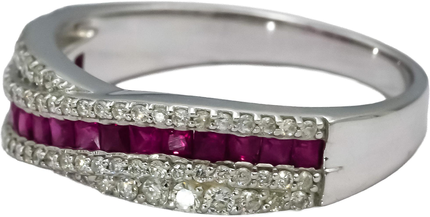 18k White Gold Diamond and Ruby Crossover Band Ring 0.78CT Size 6.75