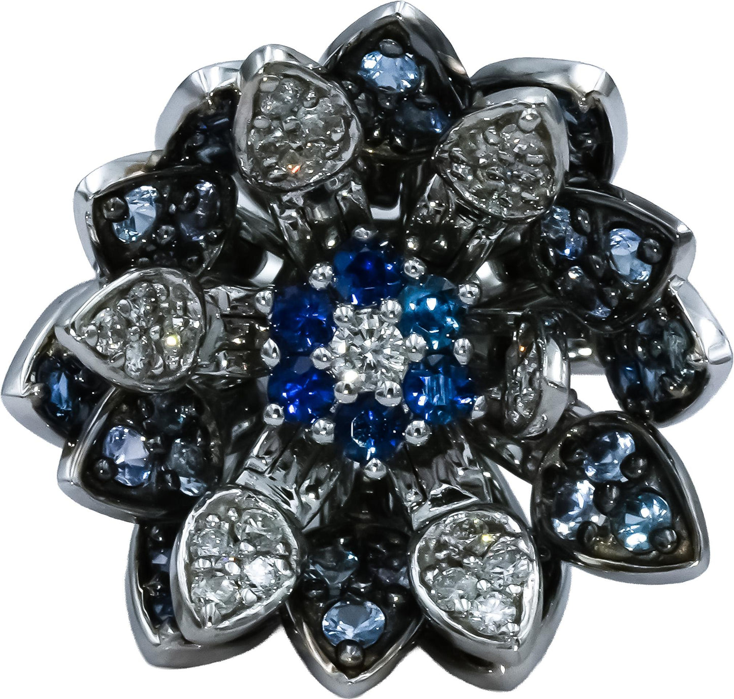 EFFY 14k White Gold Diamond & Sapphire Moving Petals Floral Ring 1.05CT Size 7.5