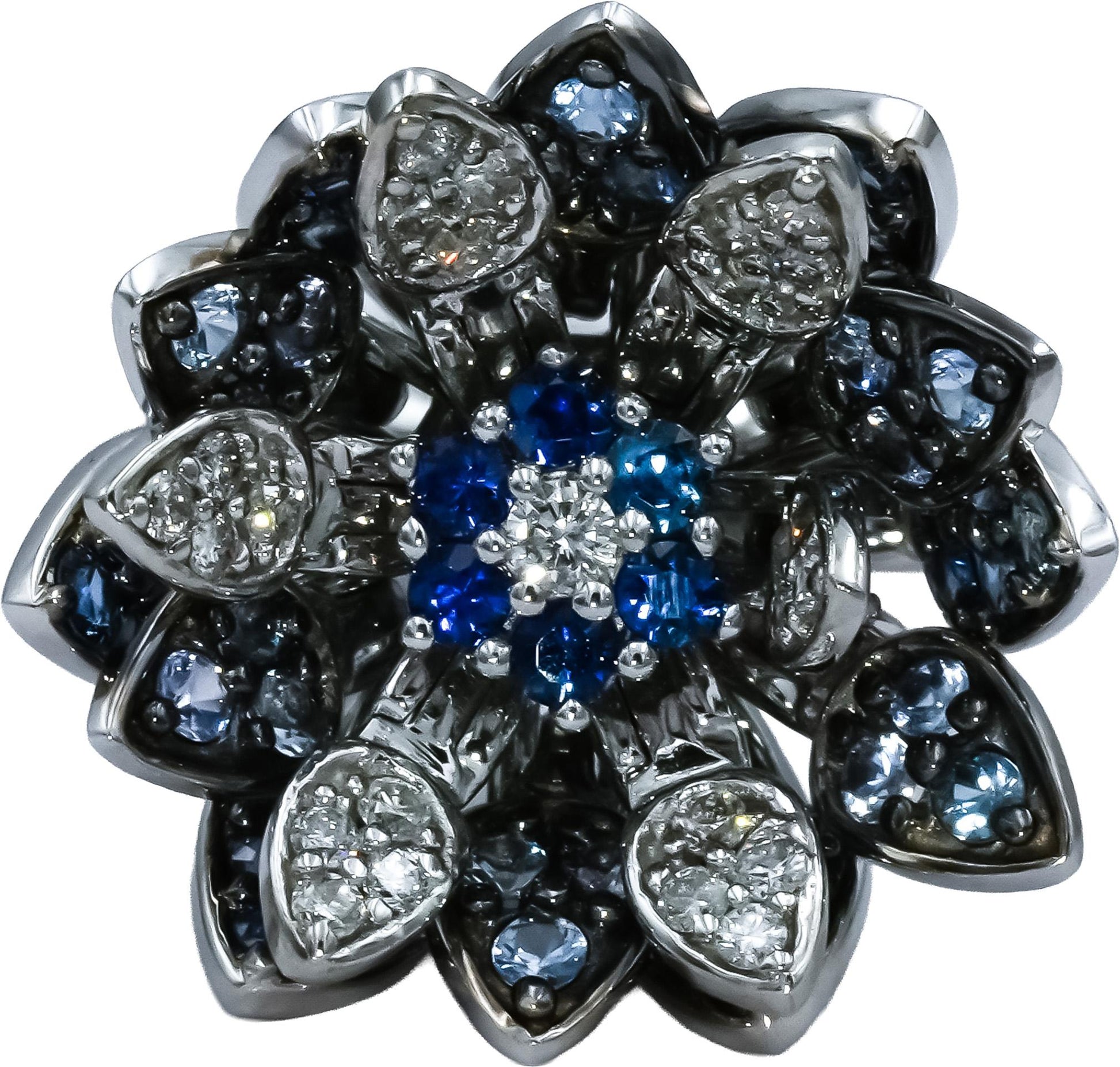 EFFY 14k White Gold Diamond & Sapphire Moving Petals Floral Ring 1.05CT Size 7.5