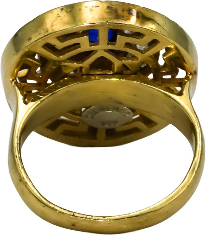 14k Yellow & White Gold Diamond Cabochon Sapphire Greek Key Ring .50CT Size 5