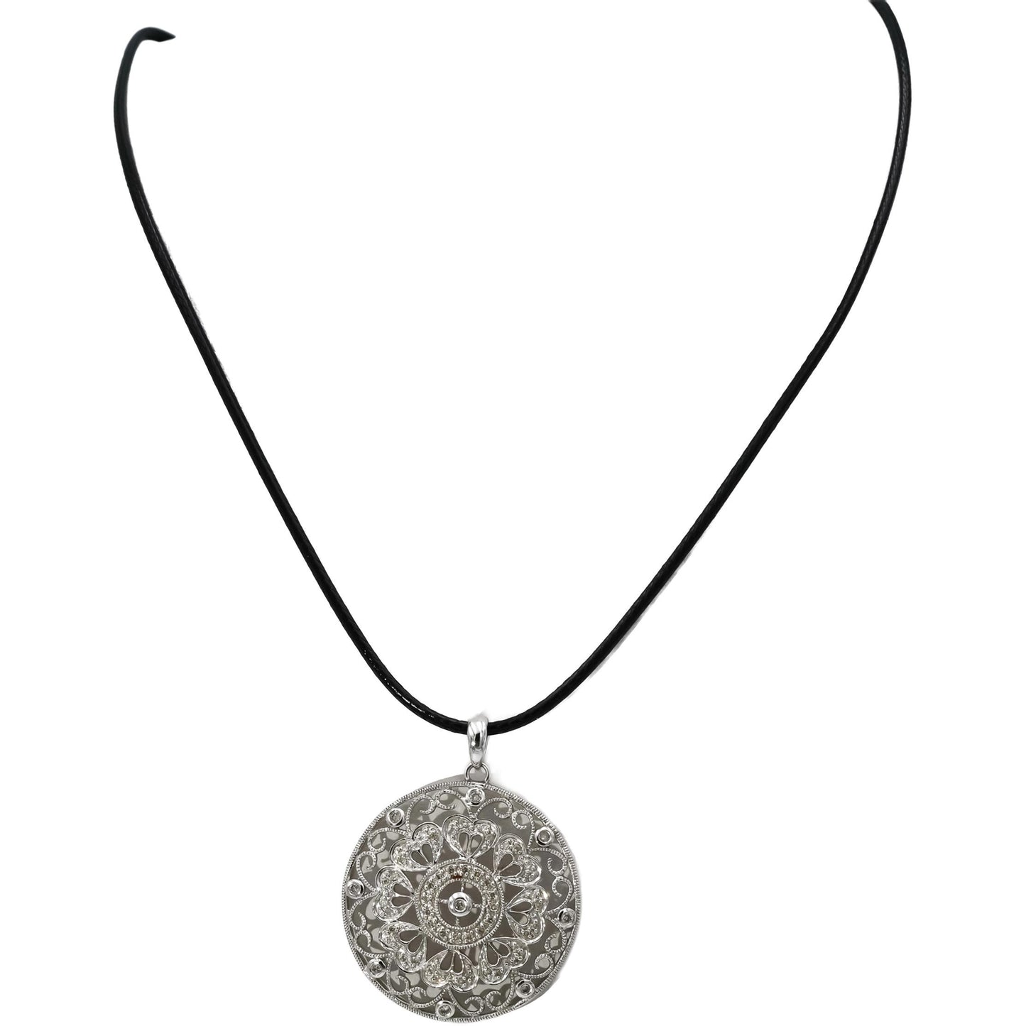 14k White Gold Round Diamond Floral Circle Pendant Necklace 0.25CT