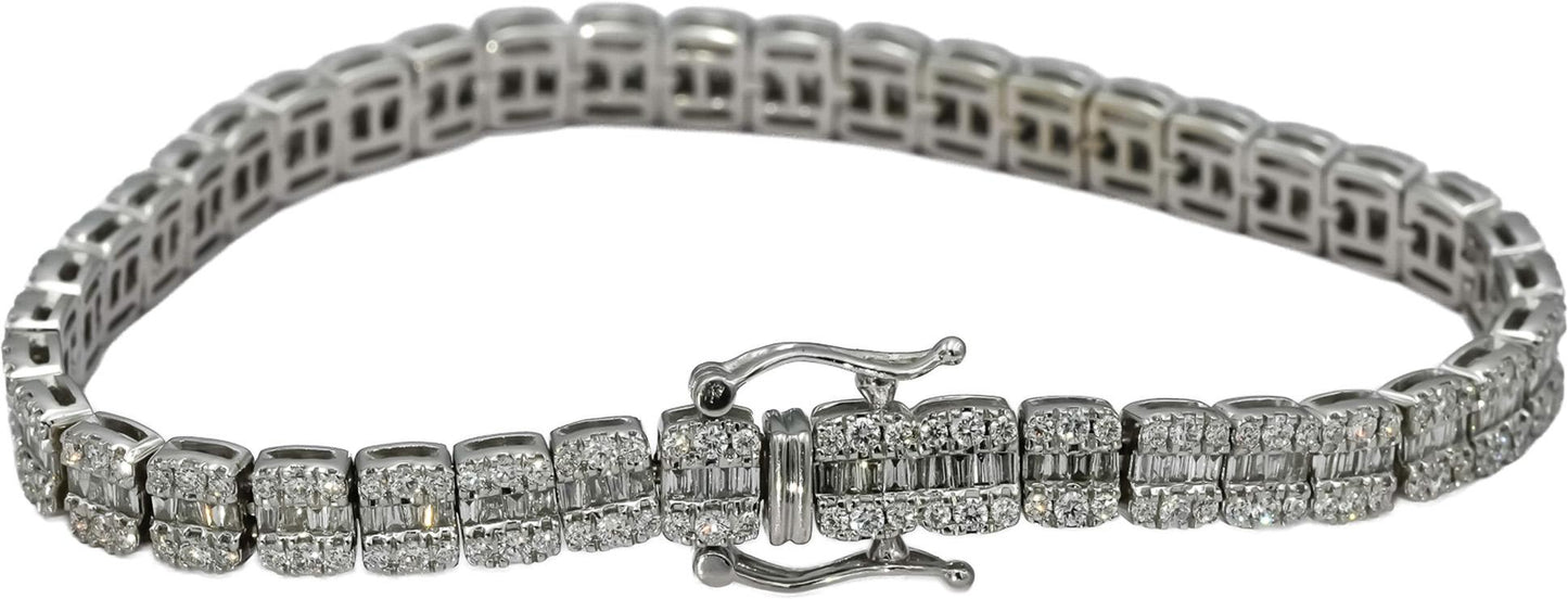 10k White Gold Round and Baguette Cut Diamond Line Bracelet 6.0CT