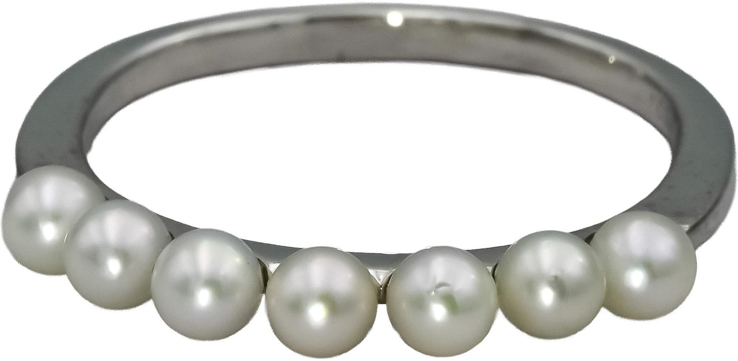 MIKIMOTO 18k White Gold 3.5mm Akoya Pearls Band Ring Size 9.5 w/ Box