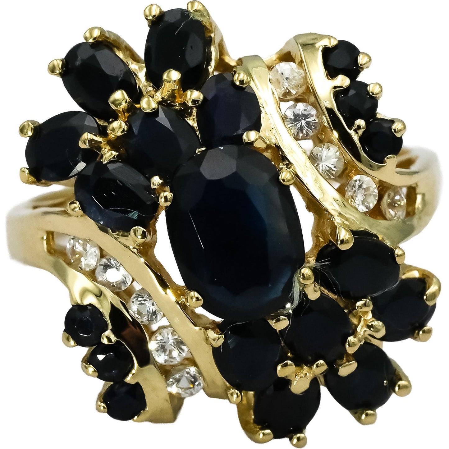 14k Yellow Gold White and Blue Sapphire Cluster Cocktail Ring 3.0CT Size 8.5