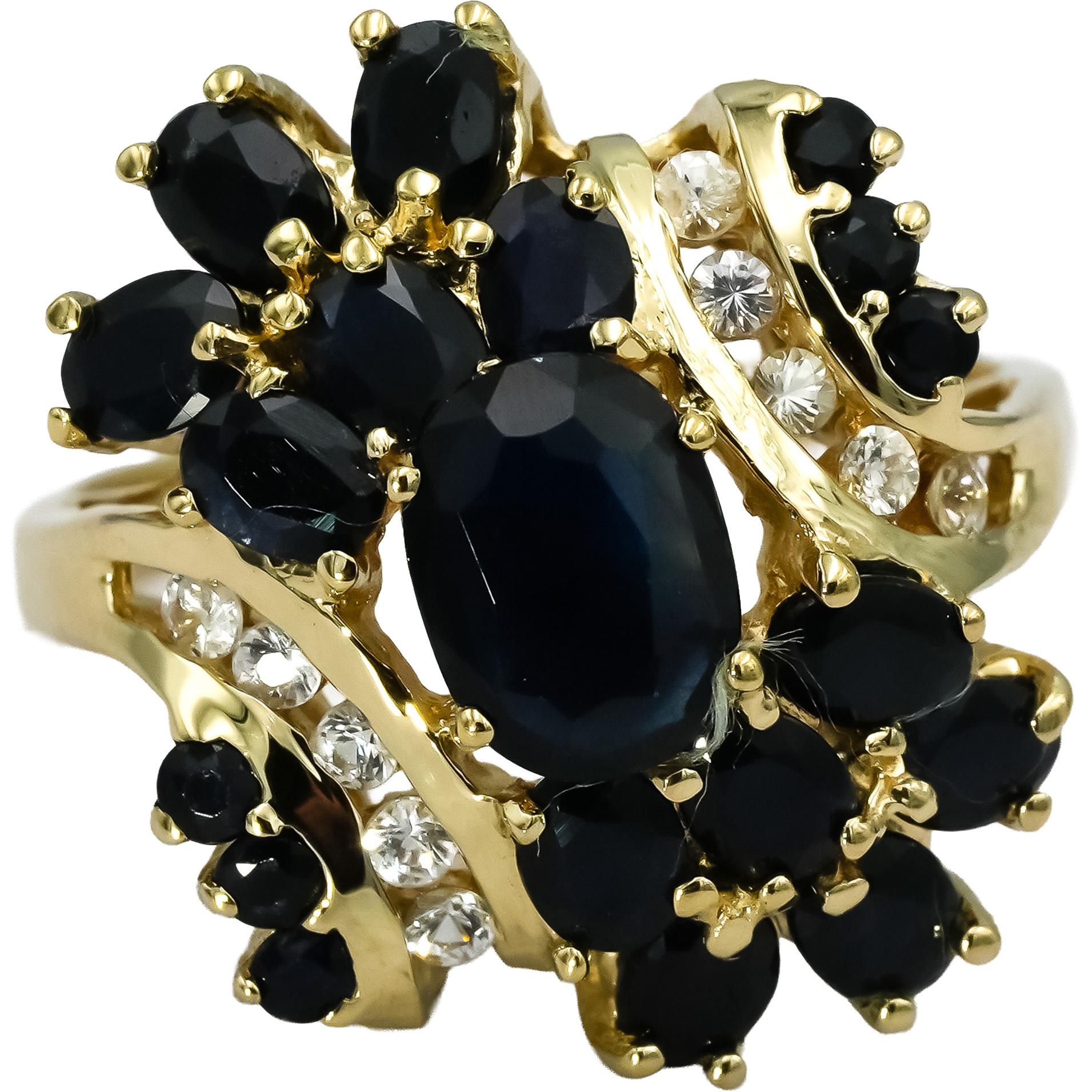 14k Yellow Gold White and Blue Sapphire Cluster Cocktail Ring 3.0CT Size 8.5