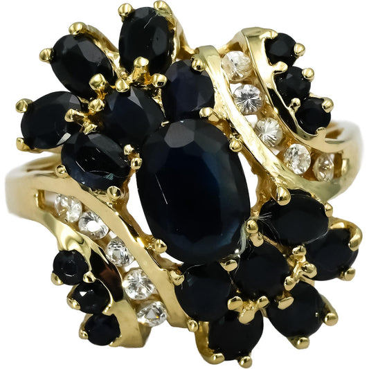 14k Yellow Gold White and Blue Sapphire Cluster Cocktail Ring 3.0CT Size 8.5