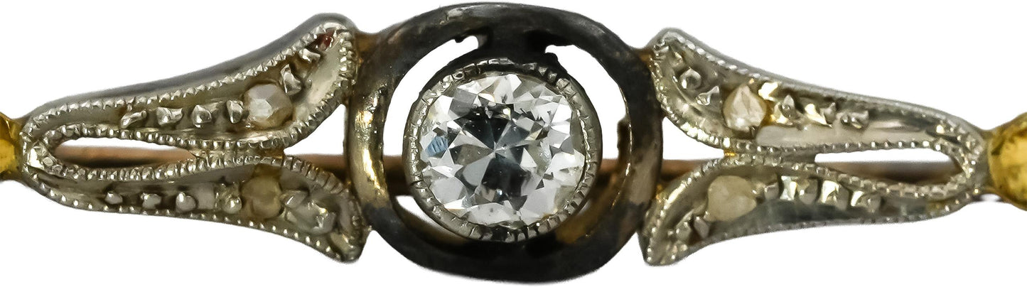 Art Nouveau 18k Gold and Silver Diamond Bar Brooch 0.15CT