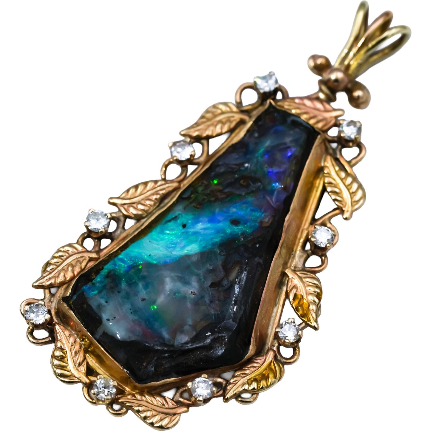 14k Yellow Gold Diamond and Opal Gemstone Custom Jumbo Pendant 0.36CT