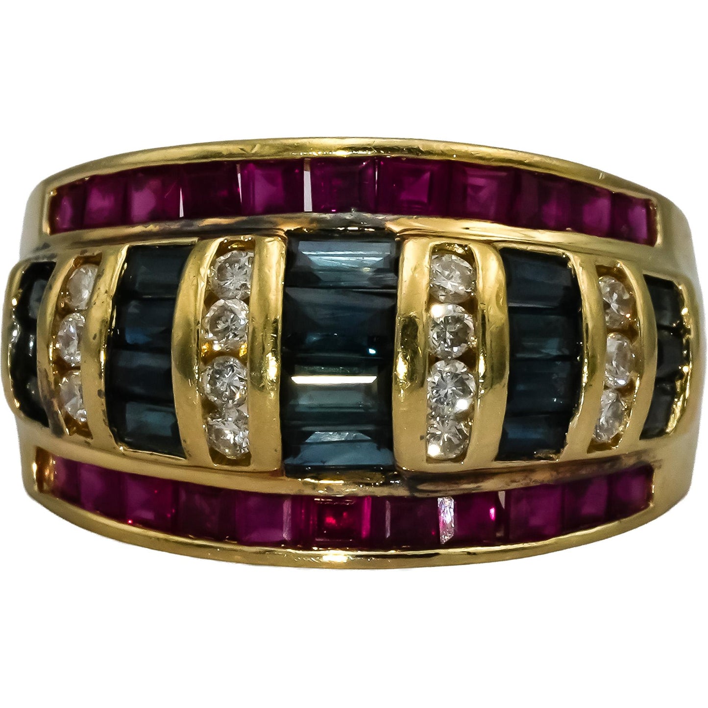 14k Yellow Gold Diamond Ruby and Sapphire Band Ring 1.30CT Size 7