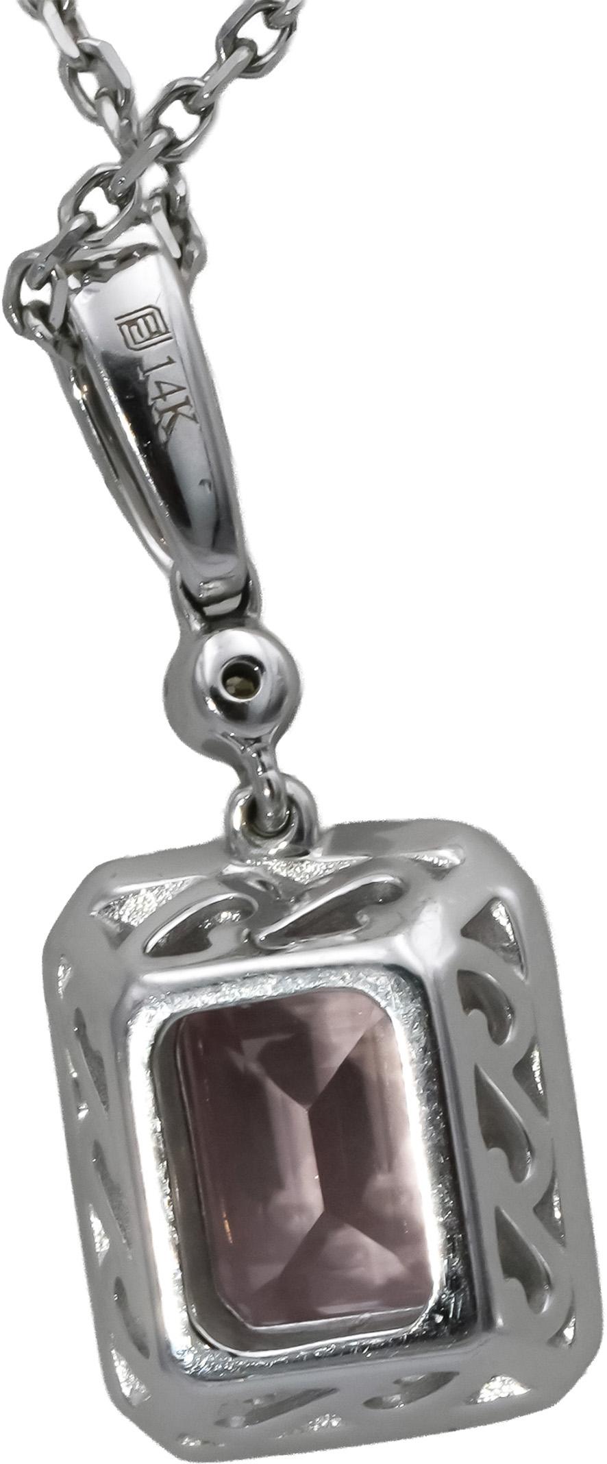 14k White Gold Round Diamond and Emerald-Cut Kunzite Pendant Necklace 0.20CT