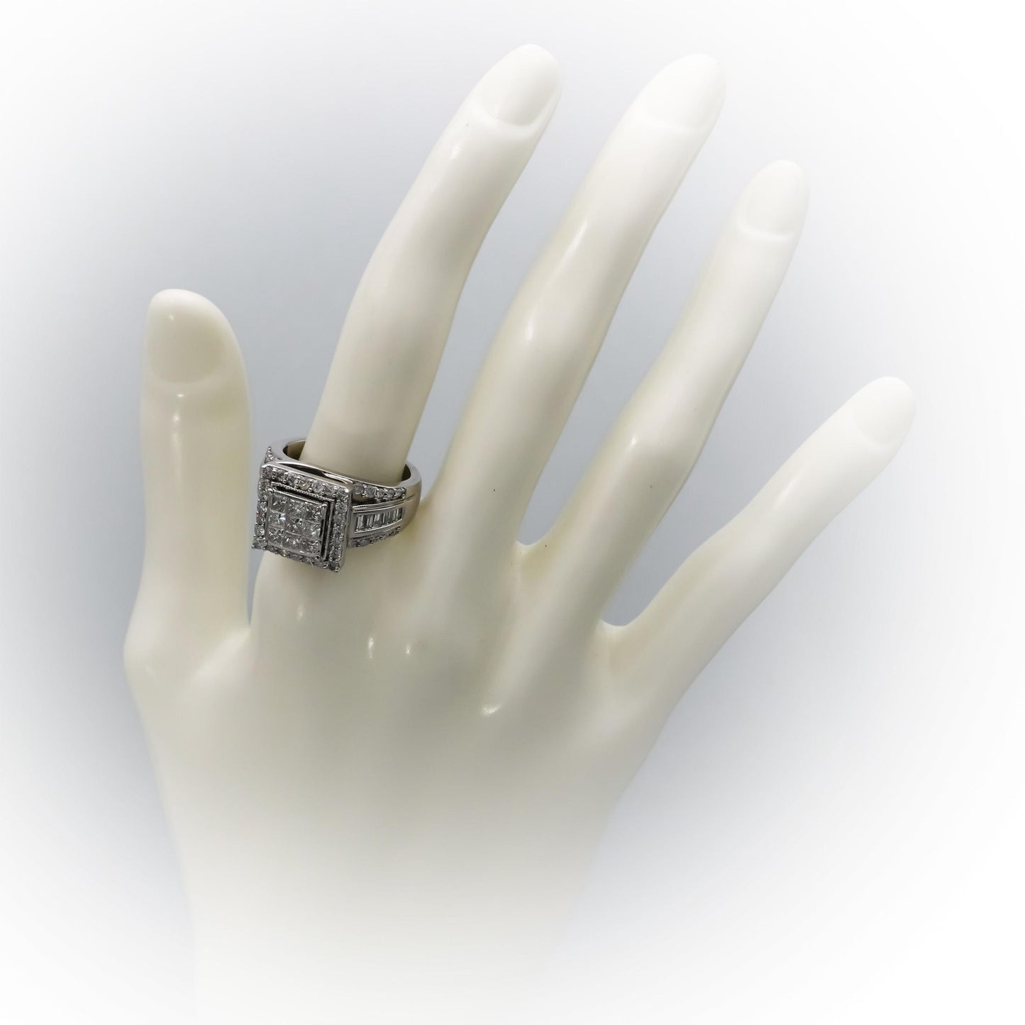 10k White Gold Princess Baguette Round Diamond Cluster Ring 2.0CT Size 8