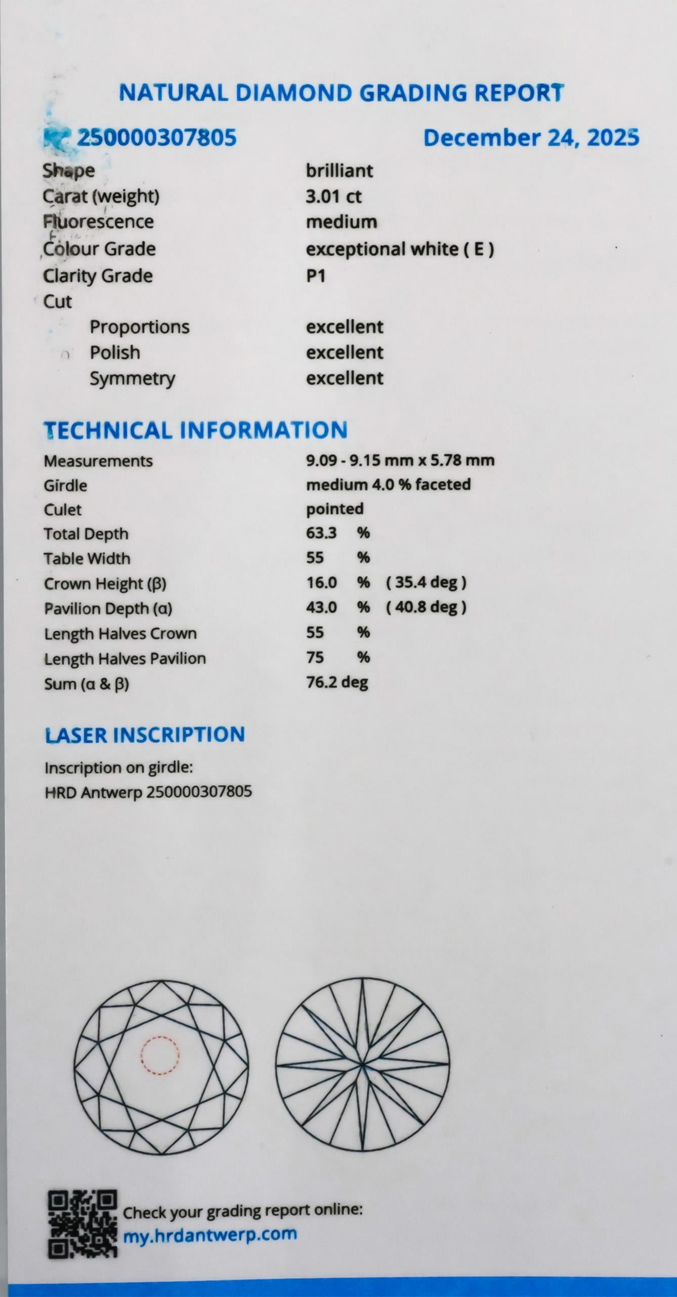 HRD Certified I1/E Round Cut Natural Diamond Loose Stone 3.01CT