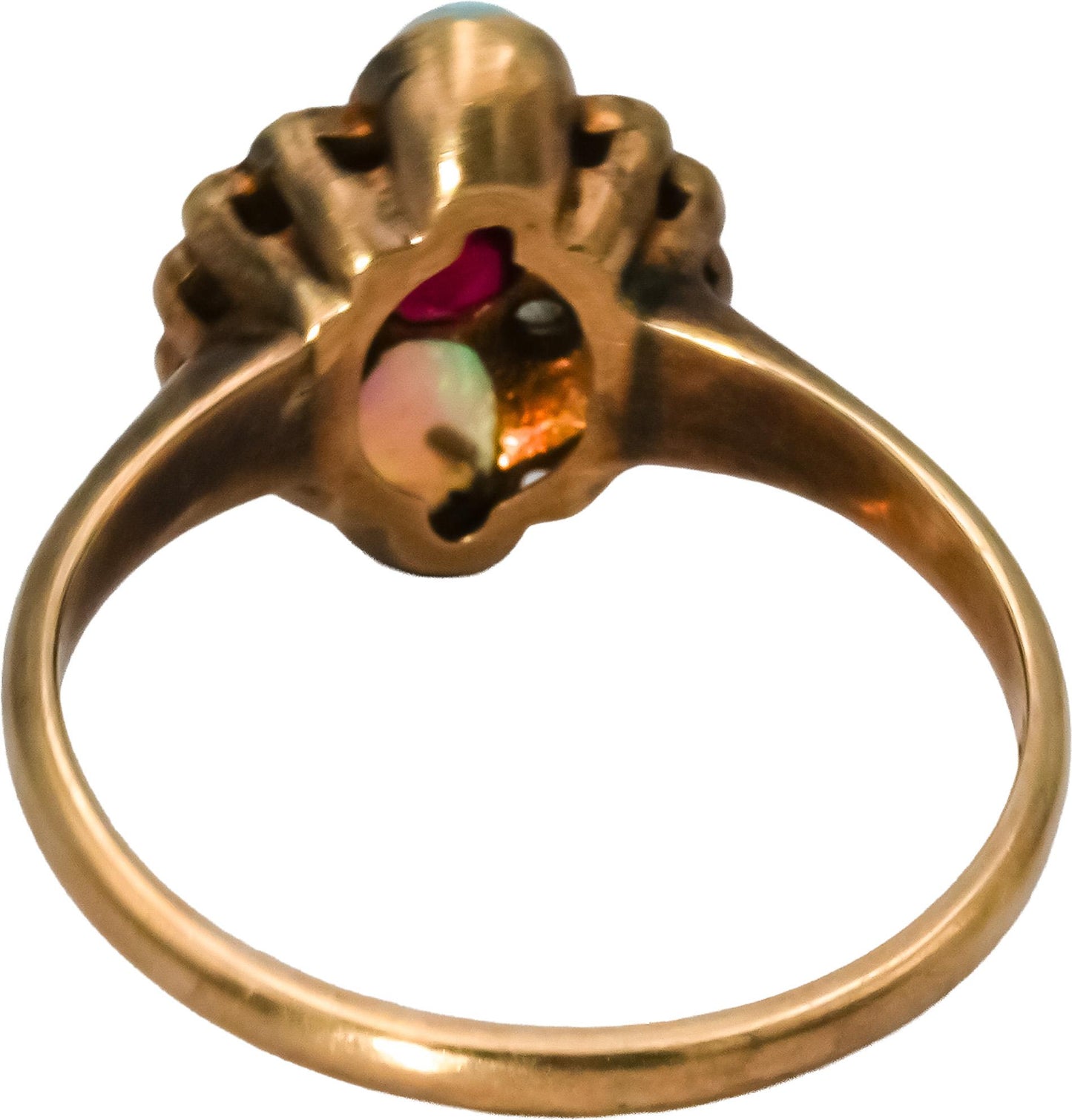 Victorian Antique 10k Gold Rose Cut Diamond Opal Ruby Pearl Cocktail Ring Size 7