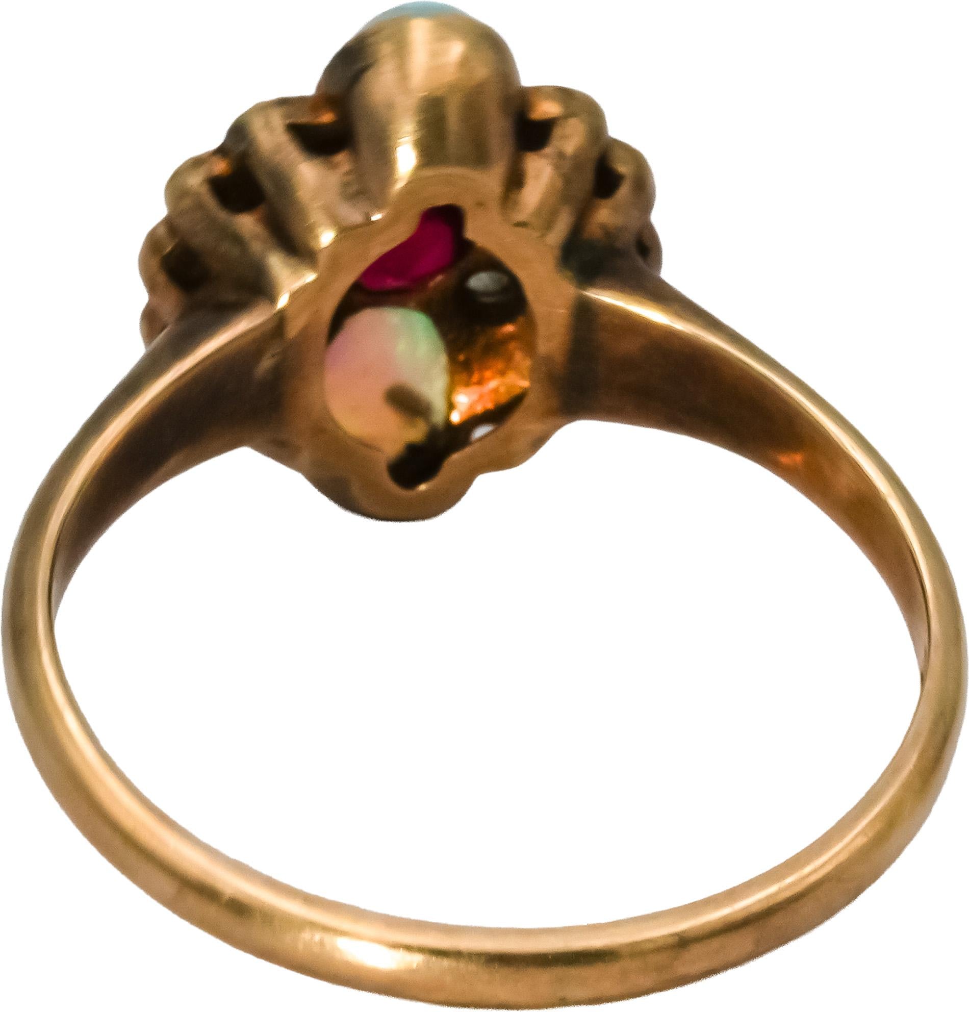 Victorian Antique 10k Gold Rose Cut Diamond Opal Ruby Pearl Cocktail Ring Size 7