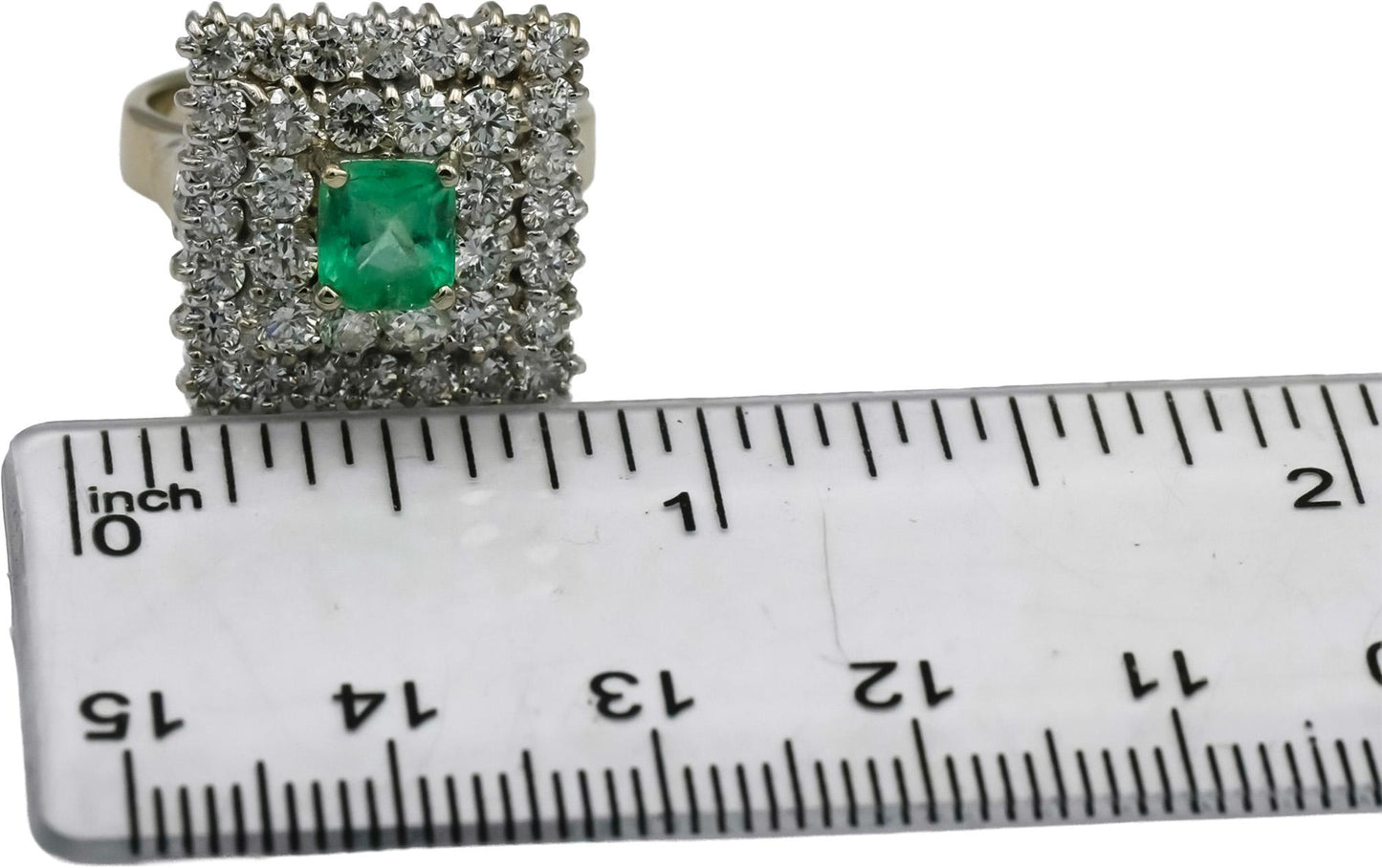 14k White Gold Round Diamond and Cushion Emerald Cocktail Ring 1.90CT Size 6.75