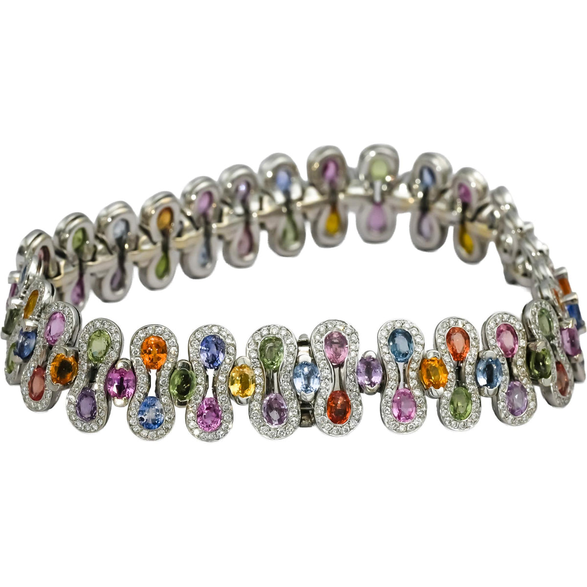 18k White Gold Diamond and Rainbow Sapphire Fancy Link Bracelet 4.0CT