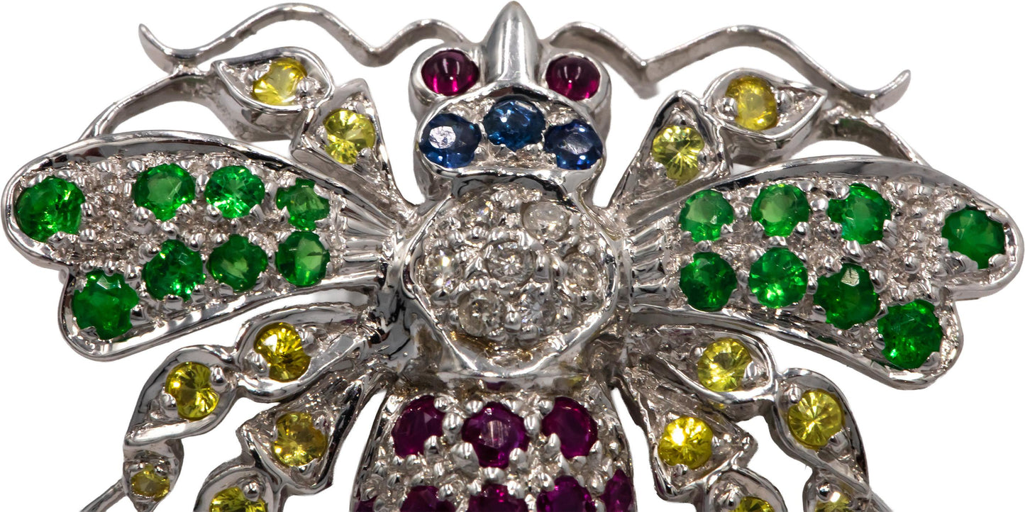 18k White Gold 0.85CT Diamond Ruby Sapphire Peridot Citrine Insect Fly Brooch