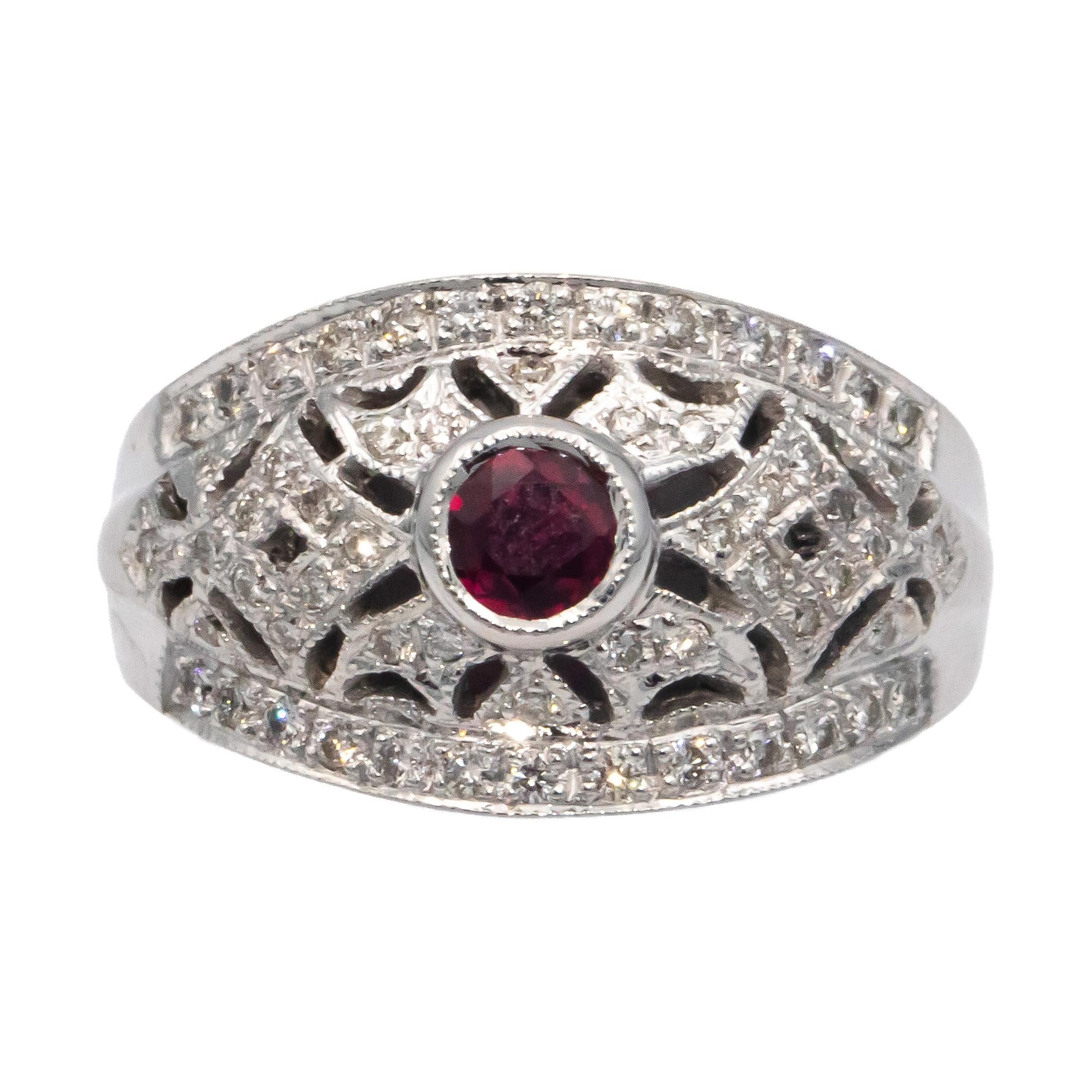 14k White Gold 0.75CT Diamond and Ruby Filigree Ring Size 6.75
