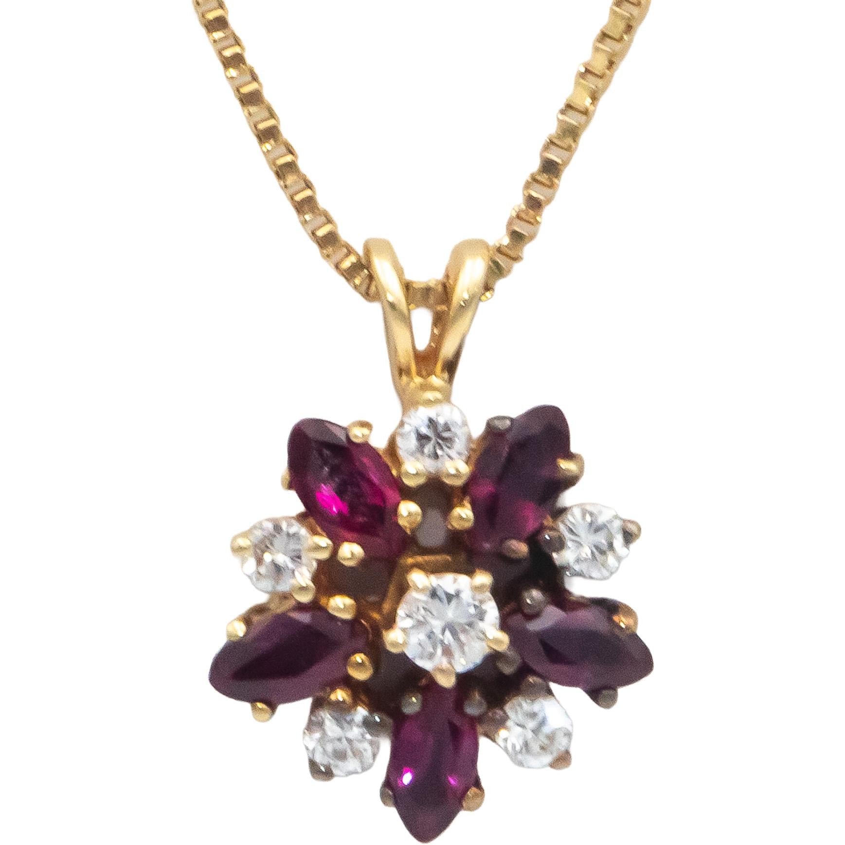 14k Yellow Gold 0.55CT Diamond and Ruby Floral Cluster Pendant Necklace