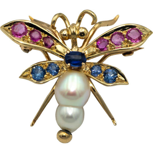 14k Yellow Gold 1.20CT Pink & Blue Sapphire Pearl Fly Insect Pendant Brooch Pin