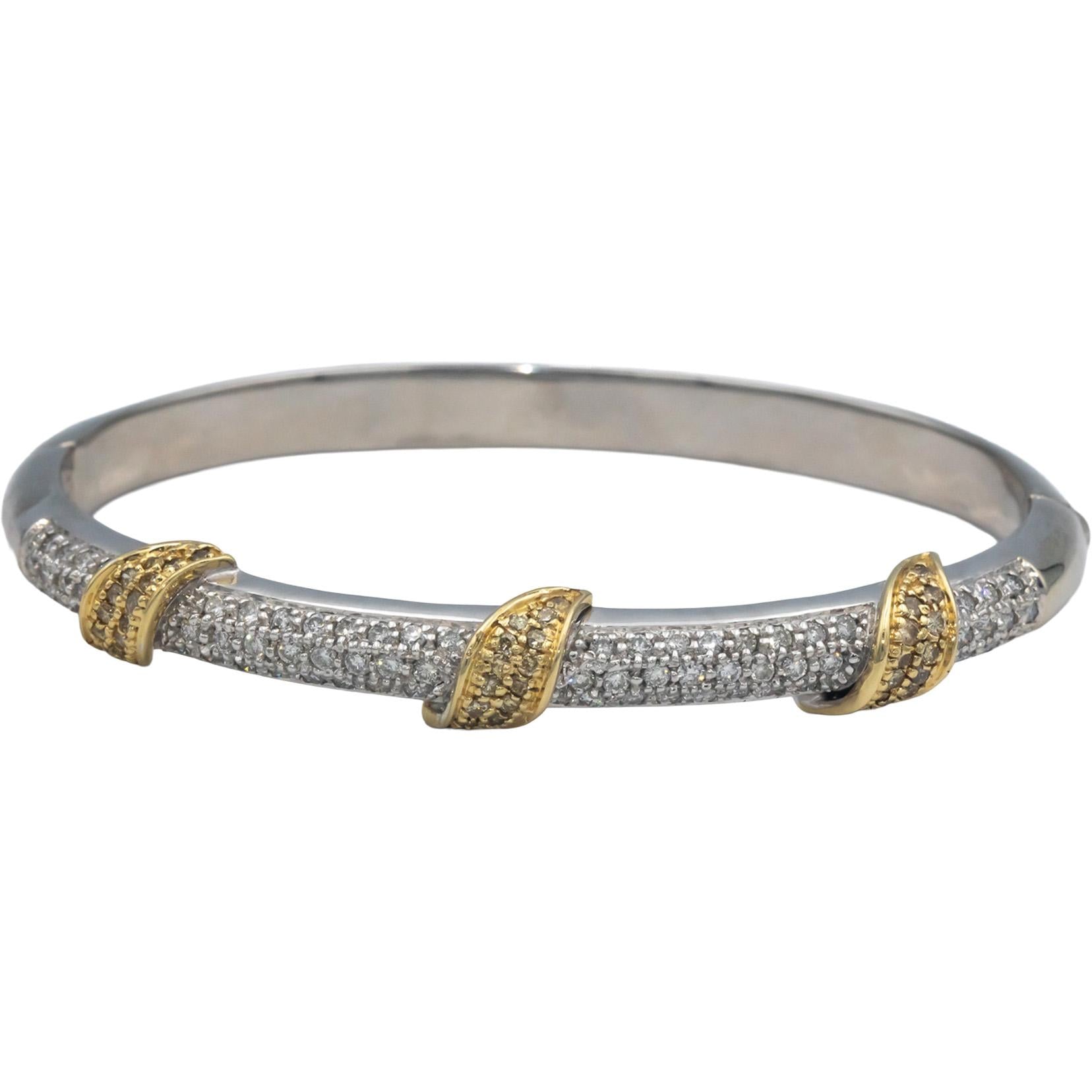 GAL Certified 14k White Yellow Gold White Yellow Diamond Bangle Bracelet 2.35CT
