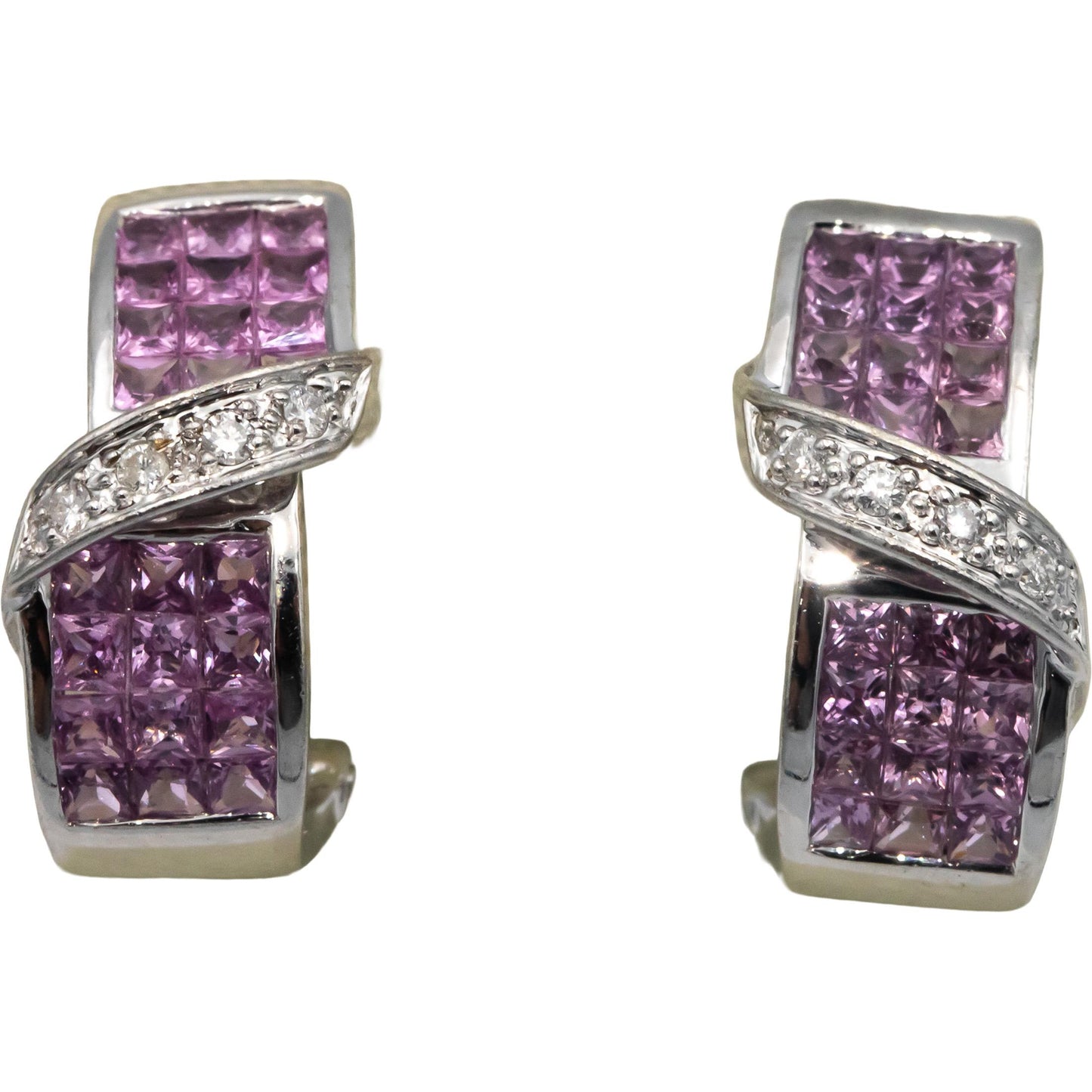 14k White Gold 2.10CT Diamond and Pink Sapphire Curved Earrings