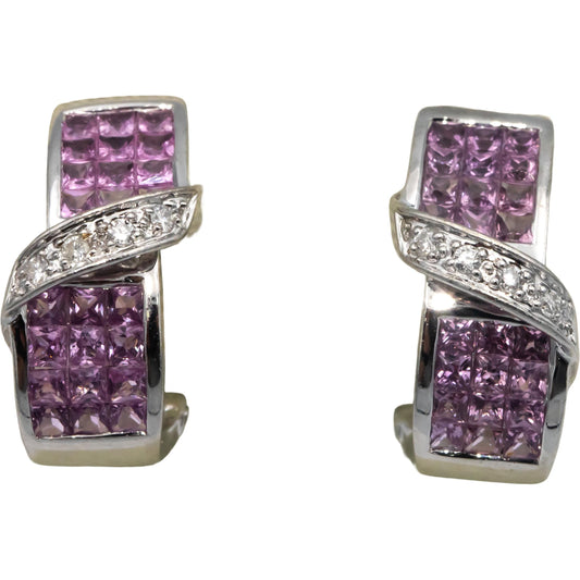 14k White Gold 2.10CT Diamond and Pink Sapphire Curved Earrings