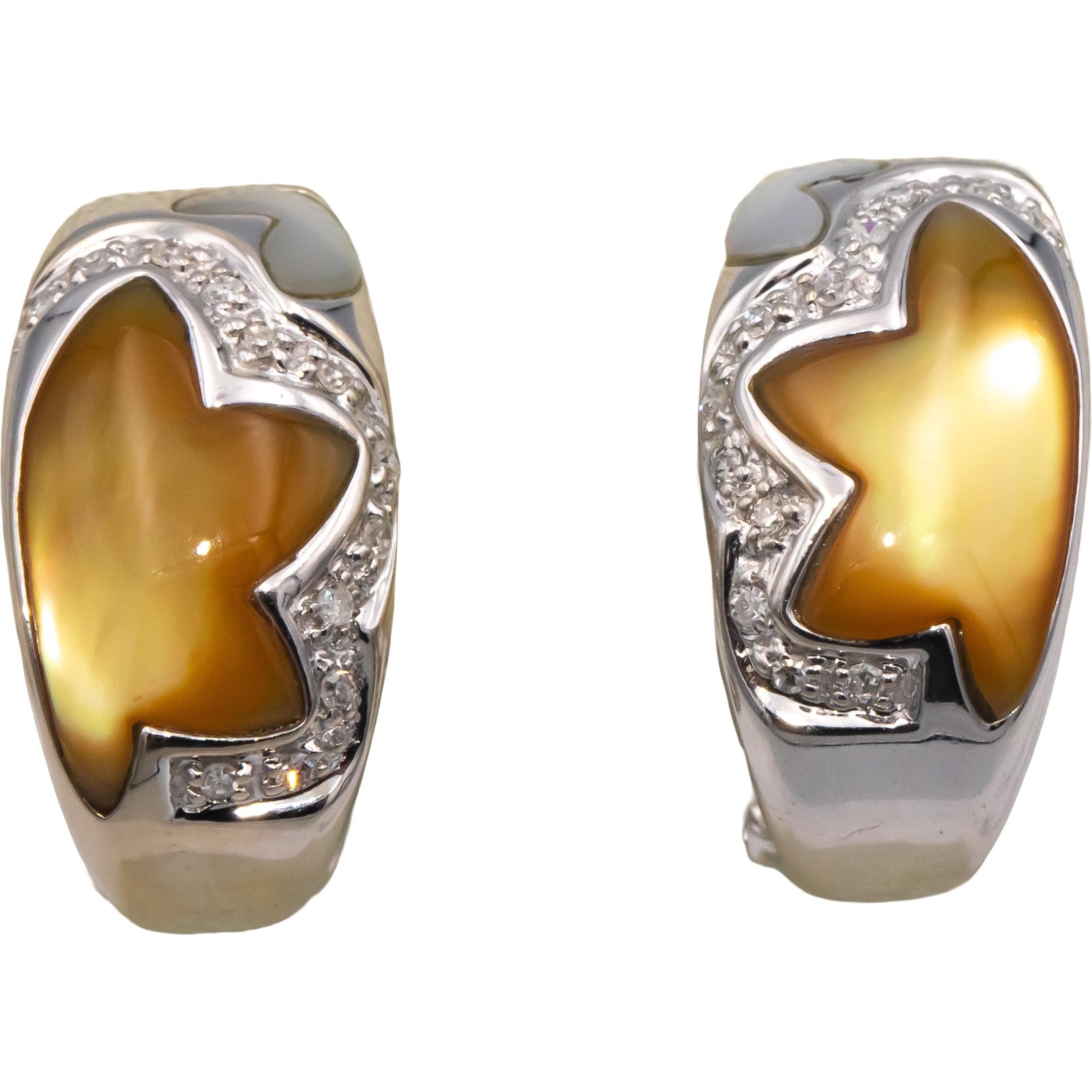 14k White Gold Round Diamond and Mother of Pearl Curved Earrings 0.15CT