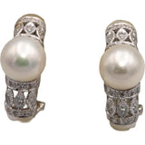 18k White Gold Round Diamond and Pearl Curved Earrings 0.21CT