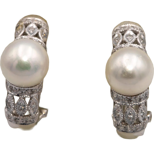 18k White Gold 0.21CT Round Cut Diamond and 8.8mm Pearl Curved Earrings