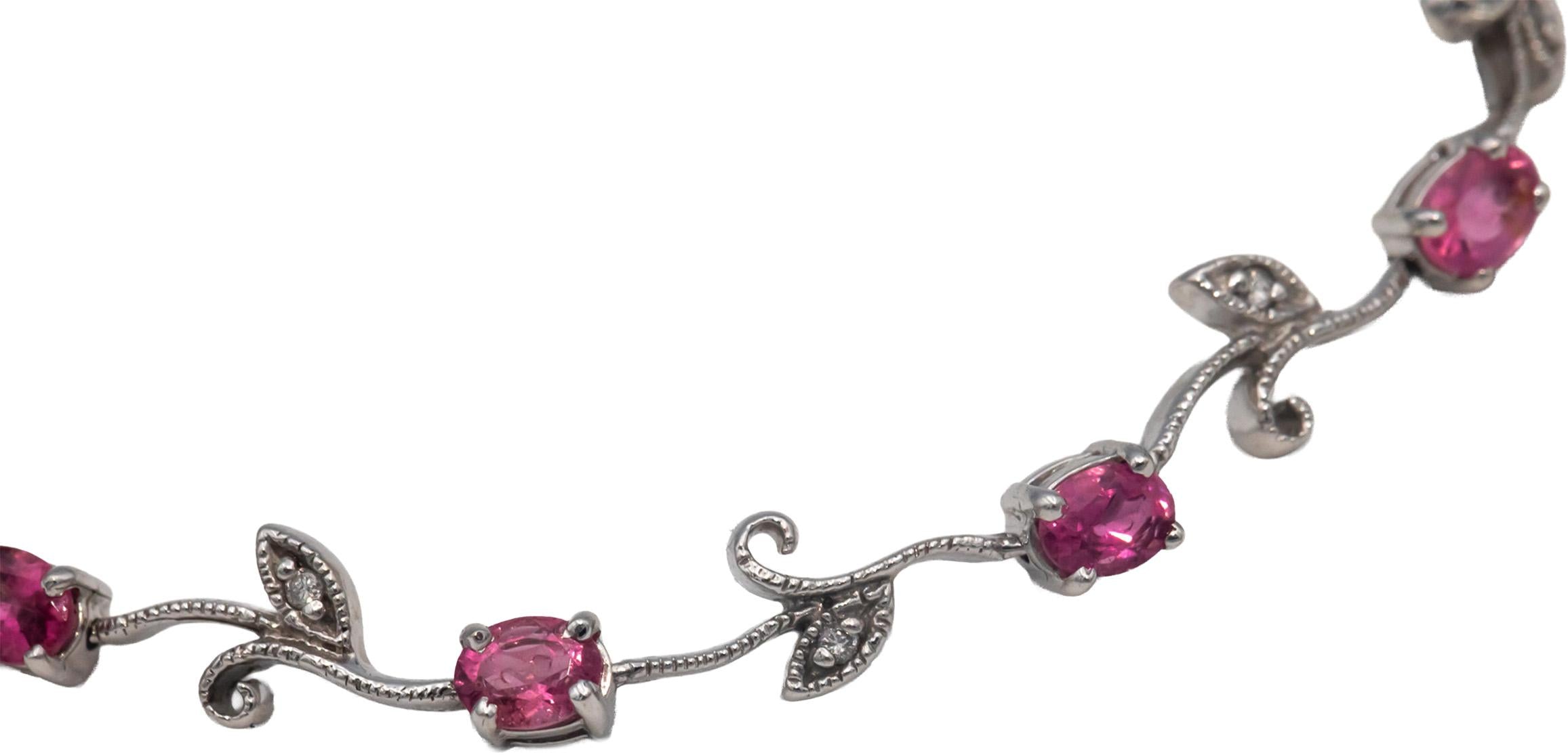 14k White Gold Diamond and Pink Tourmaline Floral Link Bracelet 1.56CT