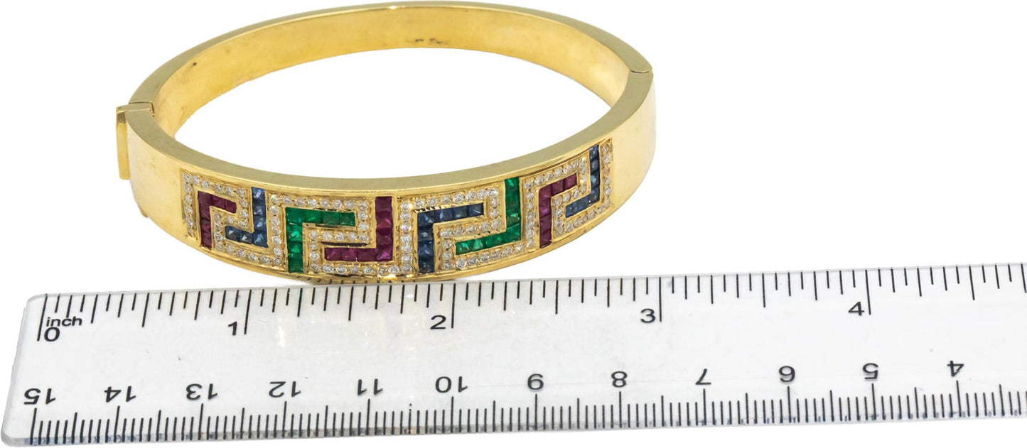 Diamond Ruby Emerald Sapphire 18k Yellow Gold Hinged Bangle Bracelet 3.70CT