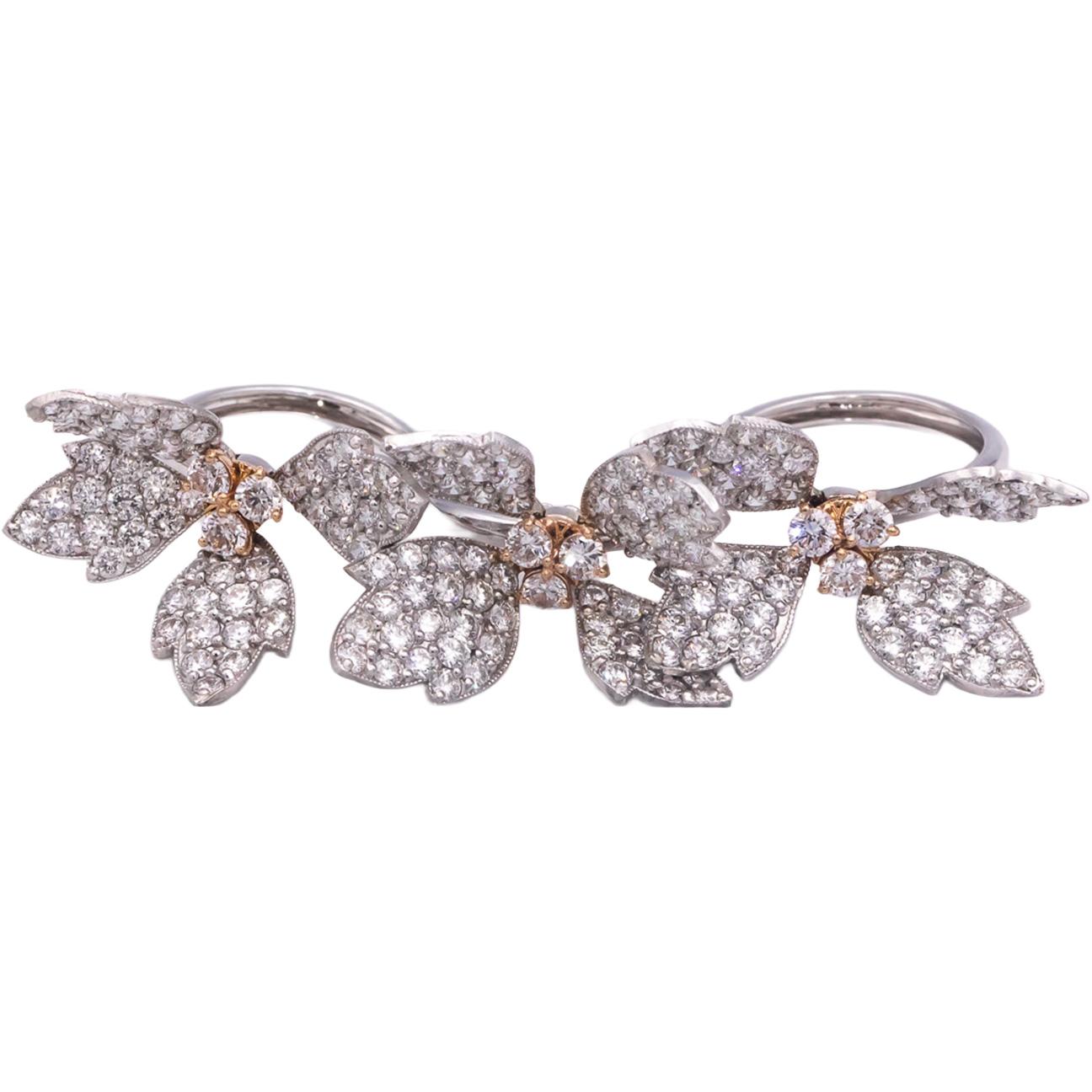 STAMBOLIAN 18k White Yellow Gold Diamond En Tremblant Leaf Double Ring 12.88CT