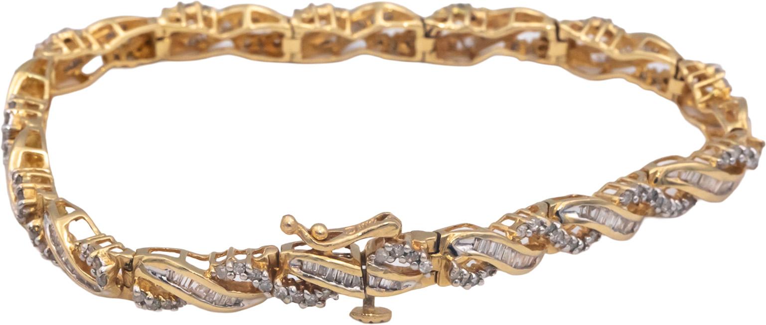 14k Yellow Gold Round & Baguette Cut Diamond Fancy Link Bracelet 2.50CT