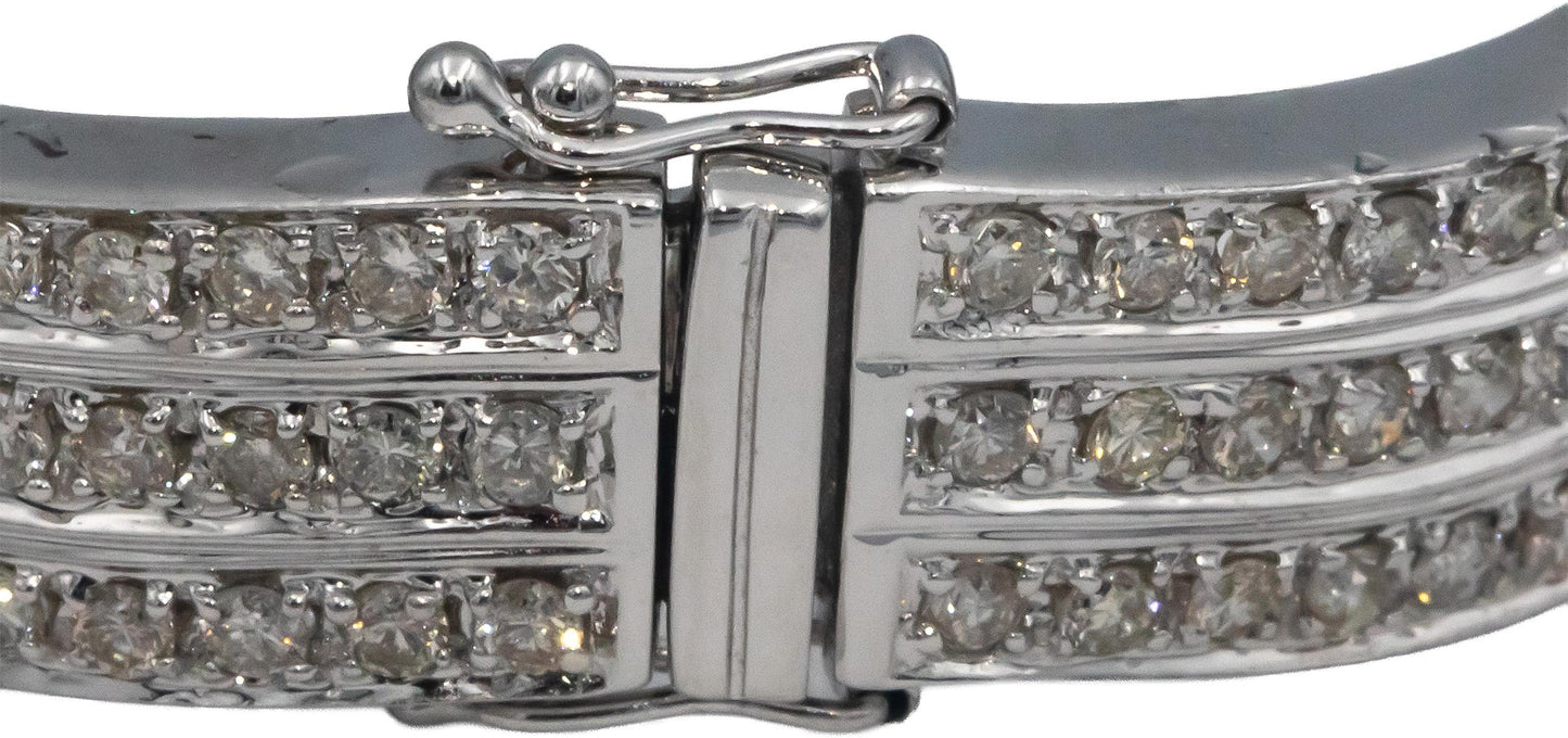 Diamond Round Cut 18k White Gold Three Row Wavy Bangle Bracelet 5.50CT