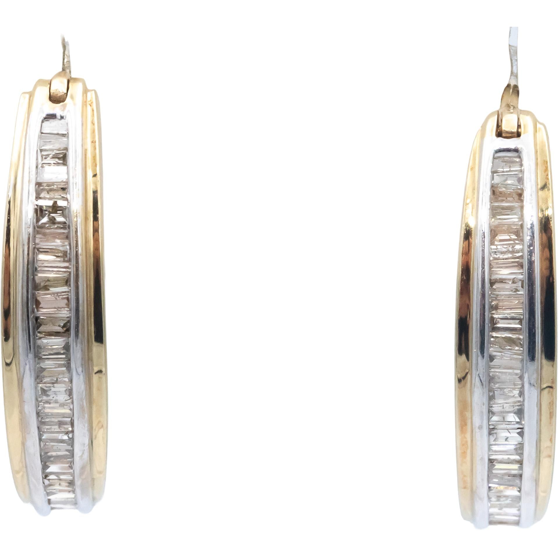 10k Yellow & White Gold Jewelry 1.01CT Baguette Cut Diamond Hoop Earrings