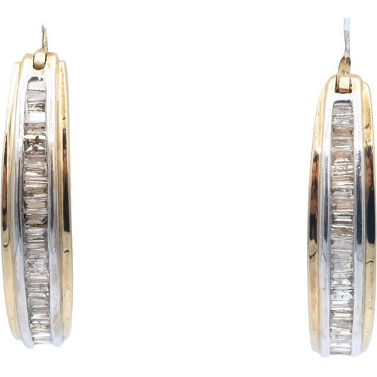 10k Yellow & White Gold Jewelry 1.01CT Baguette Cut Diamond Hoop Earrings