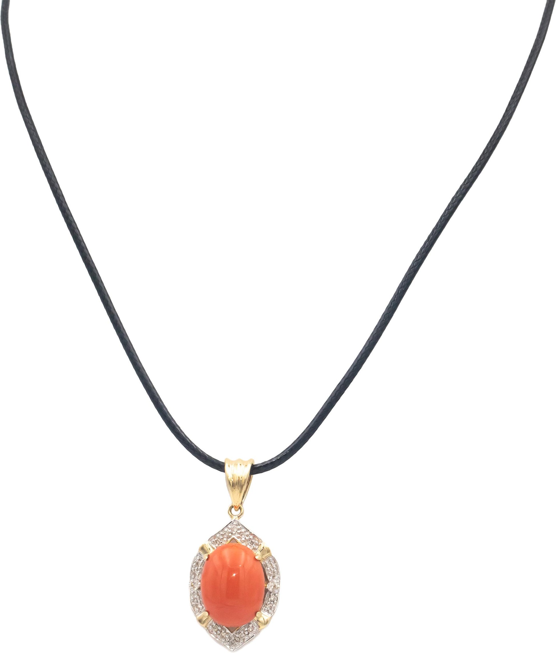 14k Yellow Gold 5.15CT Round Cut Diamond and Cabochon Coral Pendant Necklace