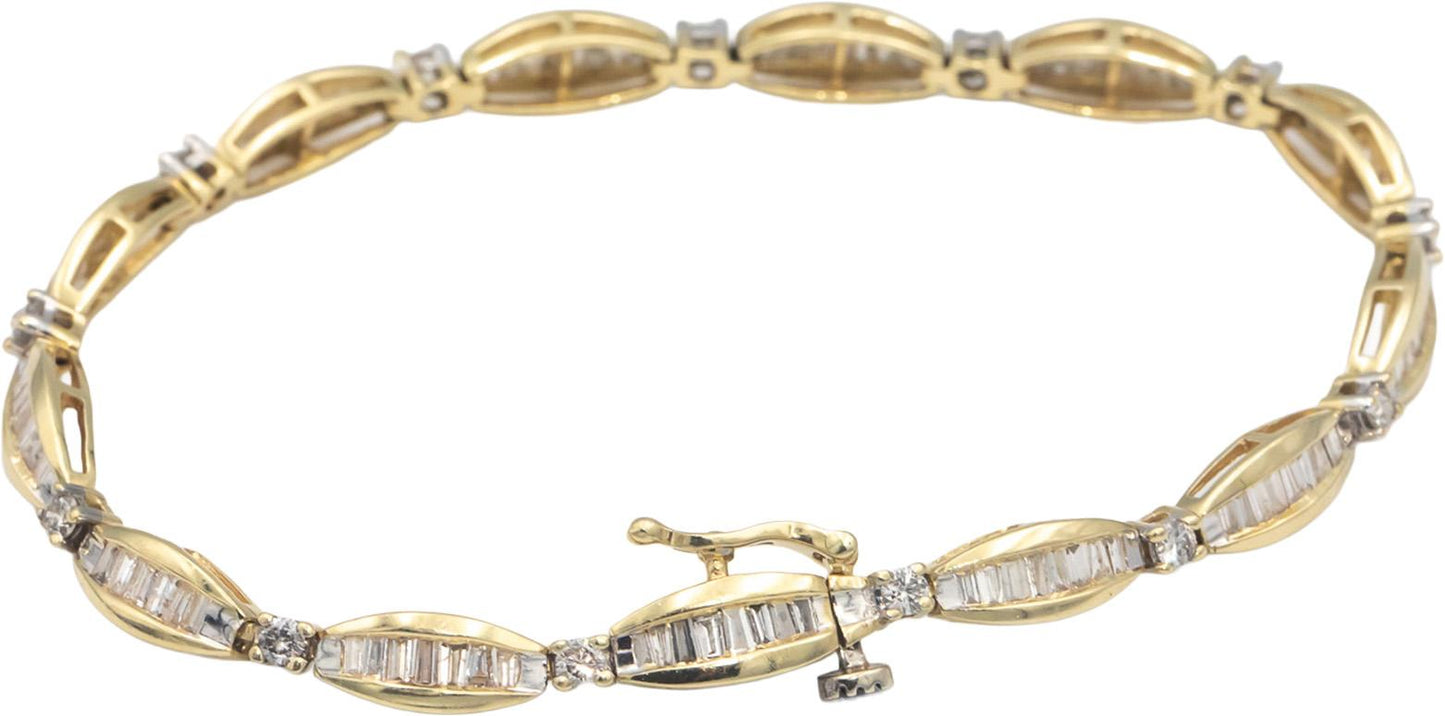 14k Yellow Gold Round & Baguette Cut Diamond Fancy Link Bracelet 3.0CT
