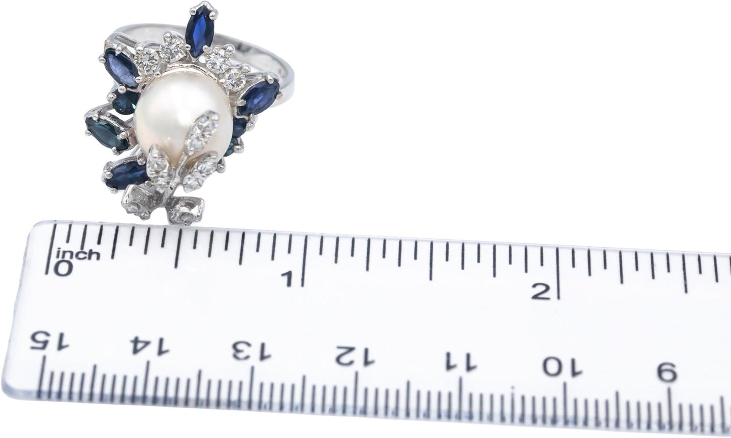 14k White Gold 1.50CT Diamond Sapphire and 10mm Pearl Cocktail Ring Size 8.25